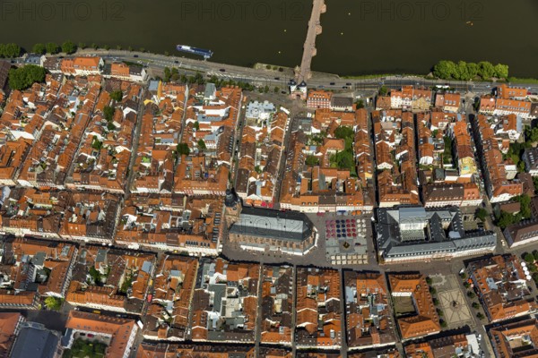 Heiliggeistkirche in Heidelberg Old Town with Old Bridge and Tor tor of the Old Bridge, Neckar, Heidelberg, Rhein-Neckar-Kreis, Baden-Württemberg, Germany, Europe, aerial view, birds-eyes view, aerial photography, aerial photography, overview, bird's eye view