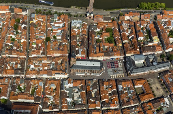 Heiliggeistkirche in Heidelberg Old Town with Old Bridge and Tor tor of the Old Bridge, Neckar, Heidelberg, Rhein-Neckar-Kreis, Baden-Württemberg, Germany, Europe, aerial view, birds-eyes view, aerial photography, aerial photography, overview, bird's eye view