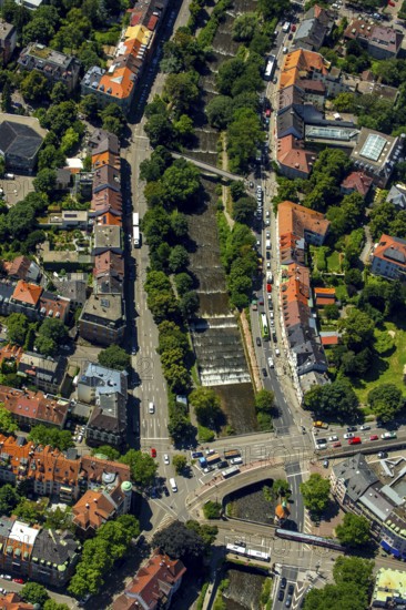 Schwabentor Bridge over the Dreisam, Freiburg im Breisgau, Breisgau, Baden-Württemberg, Germany, Europe, aerial view, birds-eyes view, aerial photography, aerial photography, overview, bird's-eye view, university city, trinational metropolitan region Upper Rhine