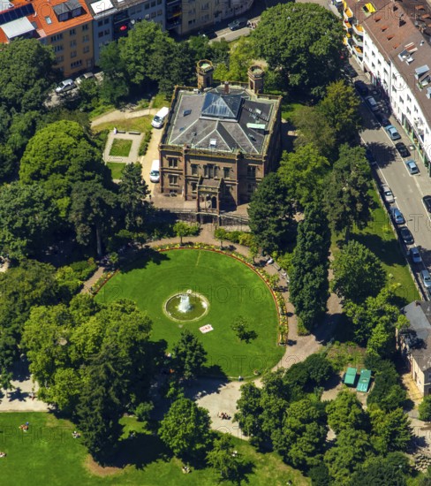 Colombischlössle manor house of Countess Maria Antonia Gertrudis von Zea Bermudez y Colombi, according to plans by Freiburg architect Georg Jakob Schneider, Tudor style, Freiburg im Breisgau, Breisgau, Baden-Württemberg, Germany, Europe, aerial view, birds-eyes view, aerial photograph, aerial photography, aerial photography, overview, bird's eye view, university town, trinational metropolitan region Upper Rhine