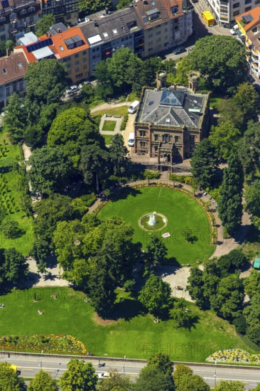 Colombischlössle manor house of Countess Maria Antonia Gertrudis von Zea Bermudez y Colombi, according to plans by Freiburg architect Georg Jakob Schneider, Tudor style, Freiburg im Breisgau, Breisgau, Baden-Württemberg, Germany, Europe, aerial view, birds-eyes view, aerial photograph, aerial photography, aerial photography, overview, bird's eye view, university town, trinational metropolitan region Upper Rhine