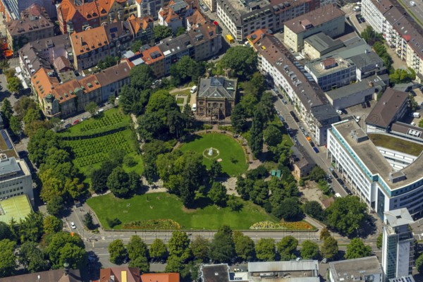 Colombischlössle manor house of Countess Maria Antonia Gertrudis von Zea Bermudez y Colombi, according to plans by Freiburg architect Georg Jakob Schneider, Tudor style, Freiburg im Breisgau, Breisgau, Baden-Württemberg, Germany, Europe, aerial view, birds-eyes view, aerial photograph, aerial photography, aerial photography, overview, bird's eye view, university town, trinational metropolitan region Upper Rhine