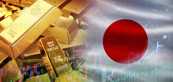 Gold bars stacked on Japanese flag. Japan gold reserves, Concept