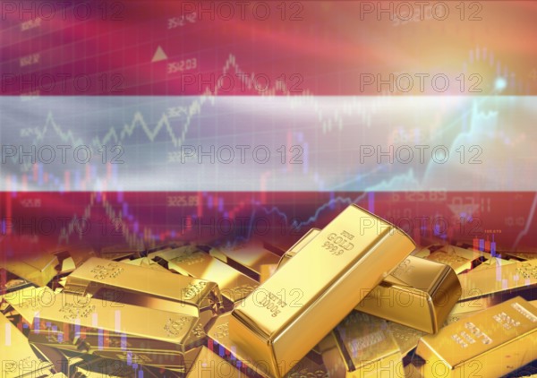 Gold bars on Austria flag in background. Gold bars stacked on Austrian flag. Concept of Austria gold reserves