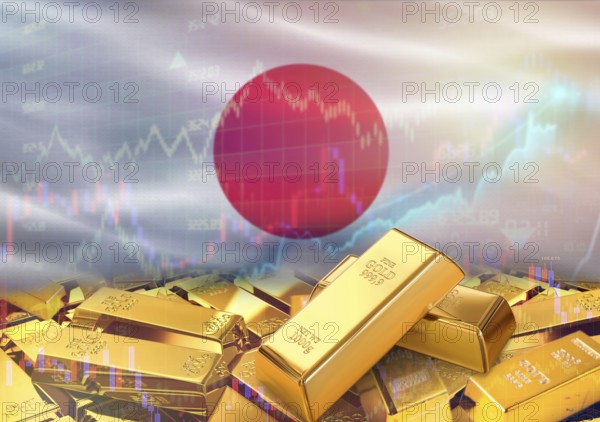 Gold bars on Japan flag in background. Gold bars stacked on Japanese flag. Concept of Japan gold reserves