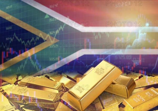 Gold bars on South Africa flag in background. Gold bars stacked on South African flag. Concept of South Africa gold reserves
