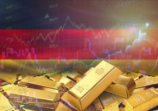 Gold bars on Germany flag in background. Gold bars stacked on German flag. Concept of Germany gold reserves
