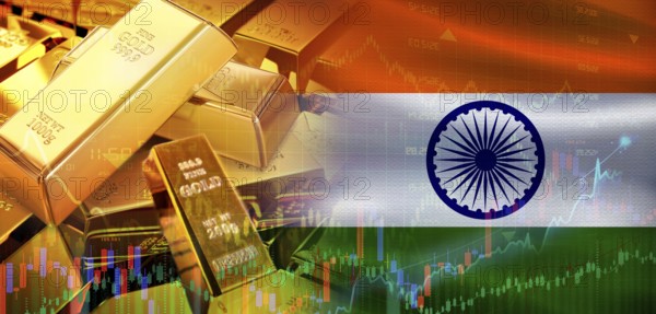 Gold bars stacked on Indian flag. India gold reserves, Concept