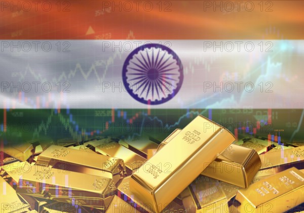 Gold bars on India flag in background. Gold bars stacked on Indian flag. Concept of India gold reserves