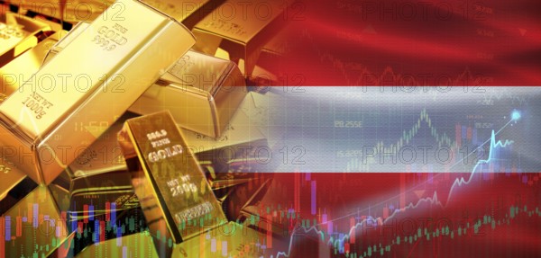 Gold bars stacked on Austrian flag. Austria gold reserves, Concept