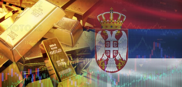 Gold bars stacked on Serbian flag. Serbia gold reserves, Concept
