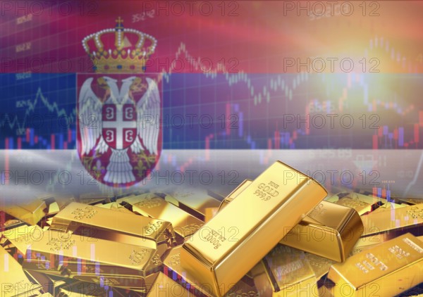 Gold bars on Serbia flag in background. Gold bars stacked on Serbian flag. Concept of Serbia gold reserves