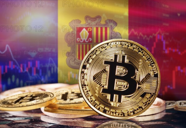 Bitcoin with Andorra flag in the background. Investors in cryptocurrency and Blockchain Technology in Andorra, Concept
