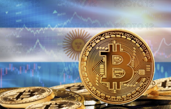 Investors in cryptocurrency and Blockchain Technology in Argentina, Concept. Bitcoin with Argentina flag in the background