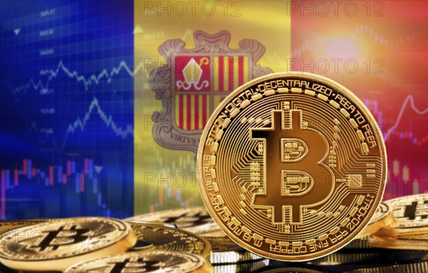 Investors in cryptocurrency and Blockchain Technology in Andorra, Concept. Bitcoin with Andorra flag in the background