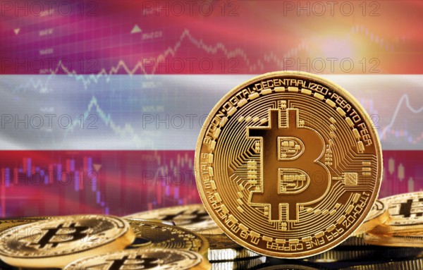 Investors in cryptocurrency and Blockchain Technology in Austria, Concept. Bitcoin with Austria flag in the background