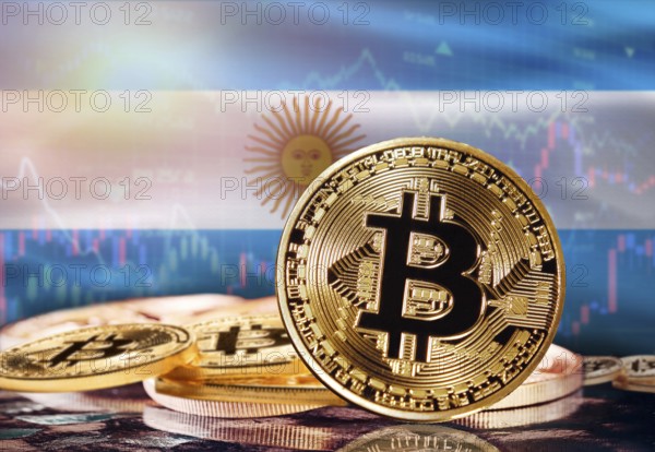Bitcoin with Argentina flag in the background. Investors in cryptocurrency and Blockchain Technology in Argentina, Concept