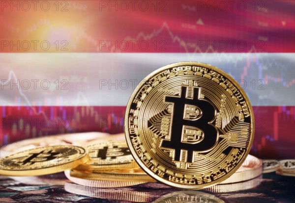 Bitcoin with Austria flag in the background. Investors in cryptocurrency and Blockchain Technology in Austria, Concept
