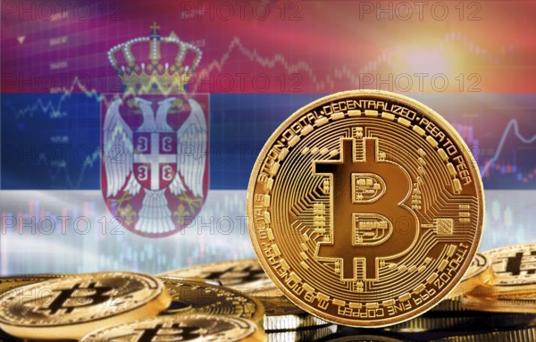 Investors in cryptocurrency and Blockchain Technology in Serbia, Concept. Bitcoin with Serbia flag in the background