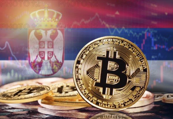 Bitcoin with Serbia flag in the background. Investors in cryptocurrency and Blockchain Technology in Serbia, Concept