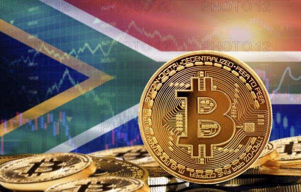 Investors in cryptocurrency and Blockchain Technology in South Africa, Concept. Bitcoin with South Africa flag in the background