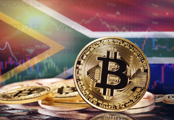 Bitcoin with South Africa flag in the background. Investors in cryptocurrency and Blockchain Technology in South Africa, Concept