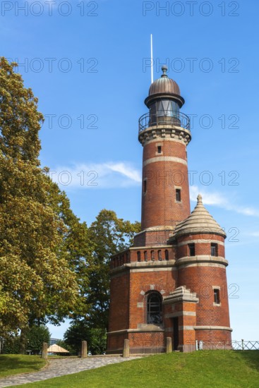Entrance fire, lighthouse, access to the Kiel Canal, NOK, light, coast, shipping, tower, attraction, destination, blue sky, sunshine, red brick building, Baltic Sea, Kiel Fjord, Kiel, Holtenau district, Schleswig-Holstein, Germany