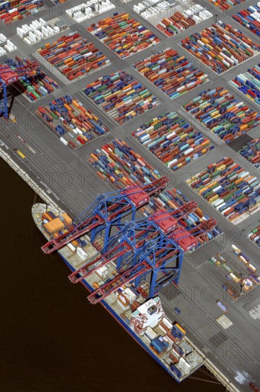 Container port, Waltershofer Hafen, container ships, Eurogate, Eurogate Container Terminal, Port of Hamburg, Hamburg, Germany, Europe, aerial view, birds-eyes view, aerial photography, aerial photography, overview, bird's eye view