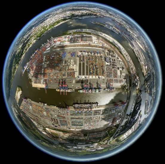 Container harbour, Waltershofer Hafen, container ships, Eurogate, Eurogate Container Terminal, Hamburg harbour, fisheye lens, fisheye, round picture, Hamburg, Germany, Europe, aerial view, birds-eyes view, aerial photography, aerial photography, overview, bird's eye view
