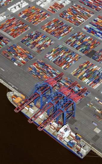 Container port, Waltershofer Hafen, container ships, Eurogate, Eurogate Container Terminal, Port of Hamburg, Hamburg, Germany, Europe, aerial view, birds-eyes view, aerial photography, aerial photography, overview, bird's eye view