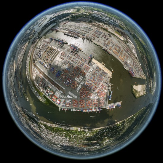 Container harbour, Waltershofer Hafen, container ships, Eurogate, Eurogate Container Terminal, Hamburg harbour, fisheye lens, fisheye, round picture, Hamburg, Germany, Europe, aerial view, birds-eyes view, aerial photography, aerial photography, overview, bird's eye view
