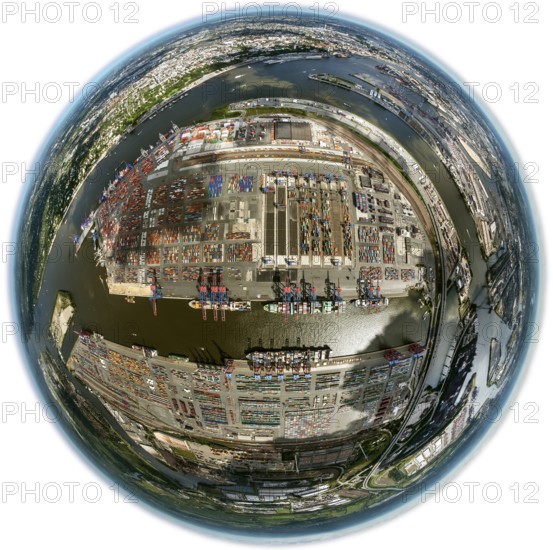 Container harbour, Waltershofer Hafen, container ships, Eurogate, Eurogate Container Terminal, Hamburg harbour, fisheye lens, fisheye, round picture, Hamburg, Germany, Europe, aerial view, birds-eyes view, aerial photography, aerial photography, overview, bird's eye view