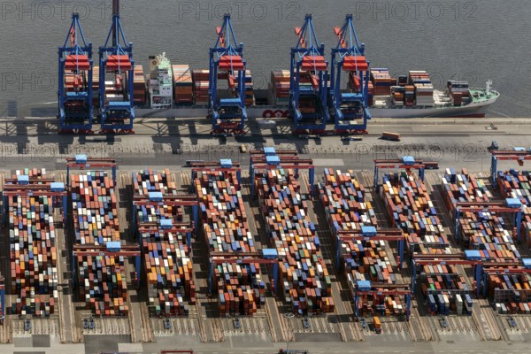 Container port, Waltershofer Hafen, container ships, Eurogate, Eurogate Container Terminal, Port of Hamburg, Hamburg, Germany, Europe, aerial view, birds-eyes view, aerial photography, aerial photography, overview, bird's eye view