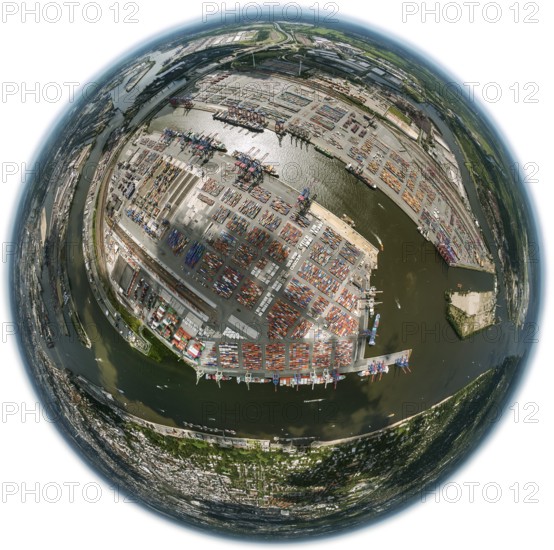 Container harbour, Waltershofer Hafen, container ships, Eurogate, Eurogate Container Terminal, Hamburg harbour, fisheye lens, fisheye, round picture, Hamburg, Germany, Europe, aerial view, birds-eyes view, aerial photography, aerial photography, overview, bird's eye view