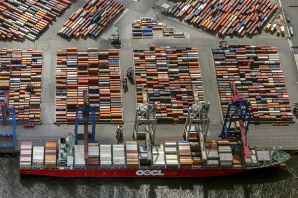 Container port, Waltershofer Hafen, container ships, Eurogate, Eurogate Container Terminal, Port of Hamburg, Hamburg, Germany, Europe, aerial view, birds-eyes view, aerial photography, aerial photography, overview, bird's eye view
