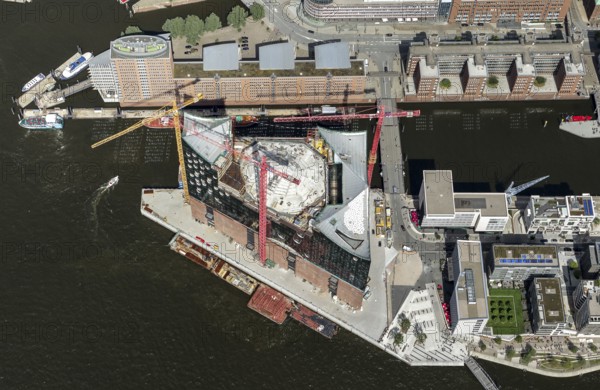 Speicherstadt, HafenCity, Elbe, Elbphilharmonie Hamburg am Kaiserkai, Hamburg harbour, Hamburg, Germany, Europe, aerial view, birds-eyes view, aerial photography, aerial photography, overview, overview, bird's eye view