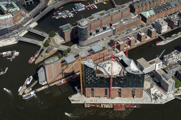 Speicherstadt, HafenCity, Elbe, Elbphilharmonie Hamburg am Kaiserkai, Hamburg harbour, Hamburg, Germany, Europe, aerial view, birds-eyes view, aerial photography, aerial photography, overview, overview, bird's eye view