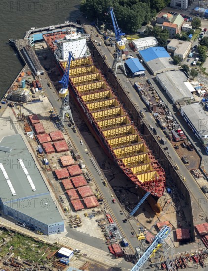 Blohm und Voss Dock Elbe Hamburg, dry dock, ship hull, steel hull, Hamburg harbour, Hamburg, Germany, Europe, aerial photo, birds-eyes view, aerial photography, aerial photography, overview, bird's eye view