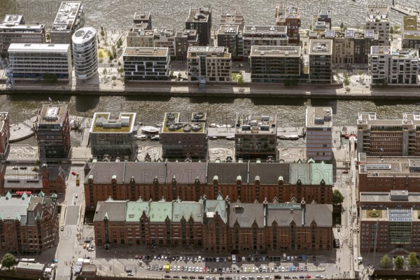 Speicherstadt, HafenCity, Elbe, Hamburg am Kaiserkai, Hamburg harbour, Hamburg, Germany, Europe, aerial view, birds-eyes view, aerial photography, aerial photography, overview, overview, bird's eye view