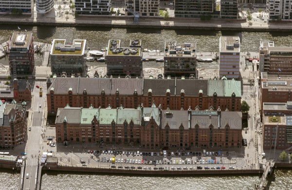 Speicherstadt, HafenCity, Elbe, Hamburg am Kaiserkai, Hamburg harbour, Hamburg, Germany, Europe, aerial view, birds-eyes view, aerial photography, aerial photography, overview, overview, bird's eye view