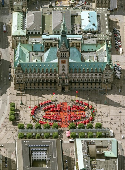 Hamburg City Hall, The Parliament of the Free and Hanseatic City of Hamburg, red pavilions in front of the City Hall on the lock bridge, Hamburg, Germany, Europe, aerial view, birds-eyes view, aerial photography, aerial photography, overview, bird's eye view