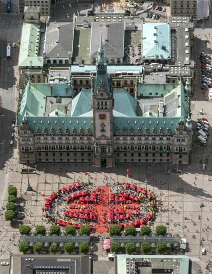 Hamburg City Hall, The Parliament of the Free and Hanseatic City of Hamburg, red pavilions in front of the City Hall on the lock bridge, Hamburg, Germany, Europe, aerial view, birds-eyes view, aerial photography, aerial photography, overview, bird's eye view