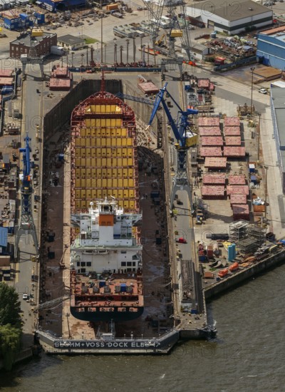Blohm und Voss Dock Elbe Hamburg, dry dock, ship hull, steel hull, Hamburg harbour, Hamburg, Germany, Europe, aerial photo, birds-eyes view, aerial photography, aerial photography, overview, bird's eye view