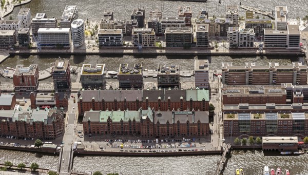 Speicherstadt, HafenCity, Elbe, Hamburg am Kaiserkai, Hamburg harbour, Hamburg, Germany, Europe, aerial view, birds-eyes view, aerial photography, aerial photography, overview, overview, bird's eye view