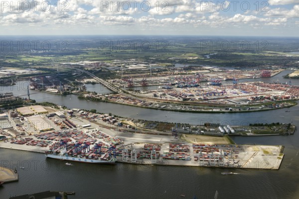 Container port, Waltershofer Hafen, container ships, Eurogate, Eurogate Container Terminal, Port of Hamburg, Hamburg, Germany, Europe, aerial view, birds-eyes view, aerial photography, aerial photography, overview, bird's eye view