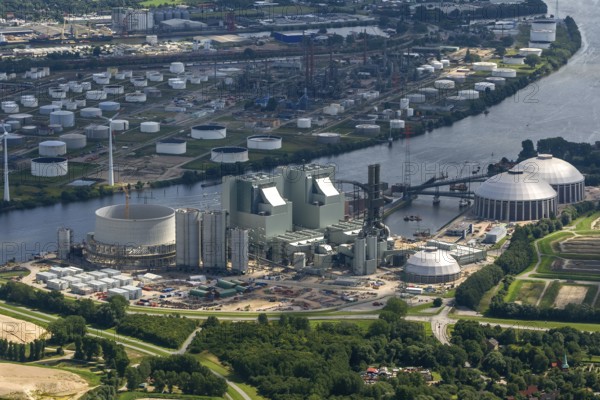 Moorburg power station on the southern Elbe, petrolium tanks, Hamburg, Germany, Europe, aerial photo, birds-eyes view, aerial photography, aerial photography, overview, bird's eye view