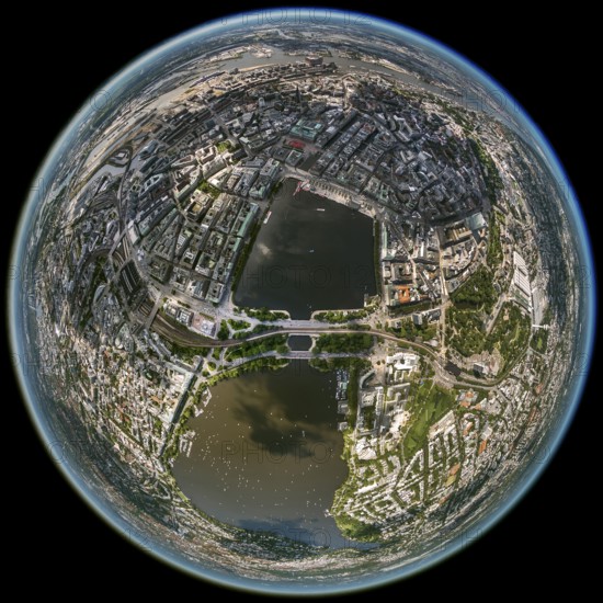 Inner Alster Lake, Außenalster, Kennedybrücke, fisheye lens, fisheye, round picture, Hamburg, Germany, Europe, aerial view, birds-eyes view, aerial photography, aerial photography, overview, bird's eye view