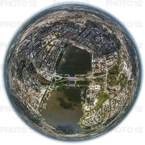 Inner Alster Lake, Außenalster, Kennedybrücke, fisheye lens, fisheye, round picture, Hamburg, Germany, Europe, aerial view, birds-eyes view, aerial photography, aerial photography, overview, bird's eye view