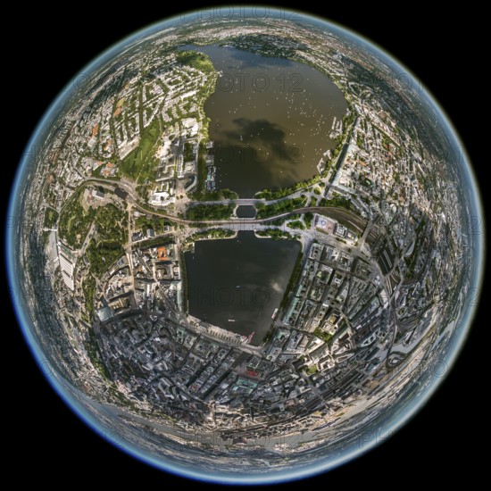 Inner Alster Lake, Außenalster, Kennedybrücke, fisheye lens, fisheye, round picture, Hamburg, Germany, Europe, aerial view, birds-eyes view, aerial photography, aerial photography, overview, bird's eye view
