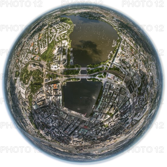 Inner Alster Lake, Außenalster, Kennedybrücke, fisheye lens, fisheye, round picture, Hamburg, Germany, Europe, aerial view, birds-eyes view, aerial photography, aerial photography, overview, bird's eye view